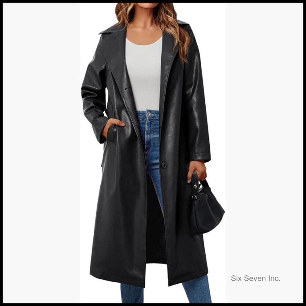 Long Faux Leather Trench Coat With Belt Open Front Peacoat